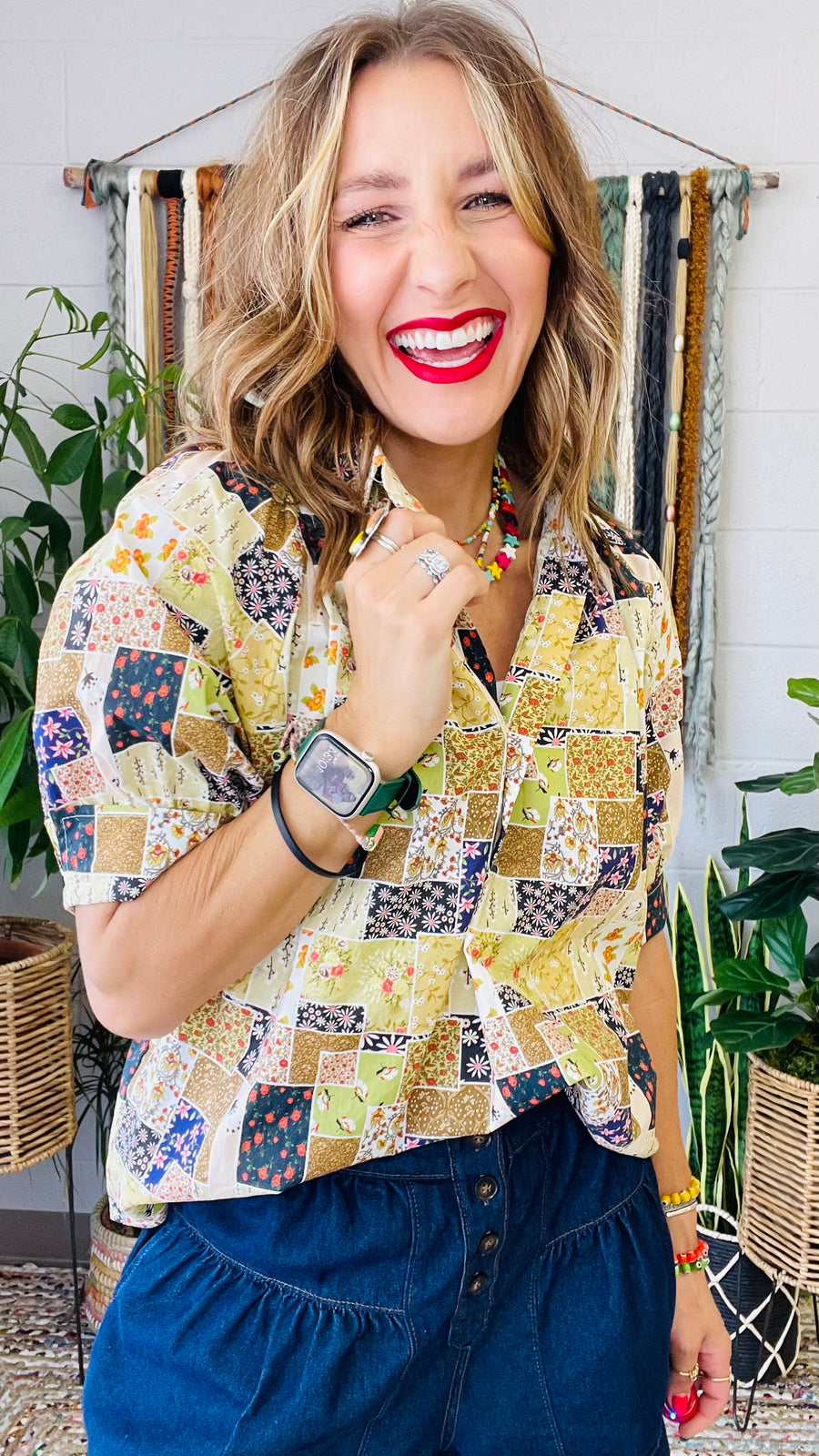 Multi Floral Patchwork Button-Up Blouse