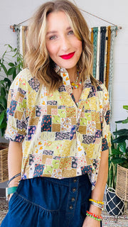 Multi Floral Patchwork Button-Up Blouse