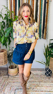 Multi Floral Patchwork Button-Up Blouse