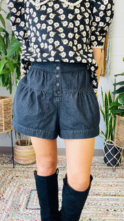 Rowan Flared High Waisted Denim Shorts- Black