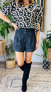 Rowan Flared High Waisted Denim Shorts- Black