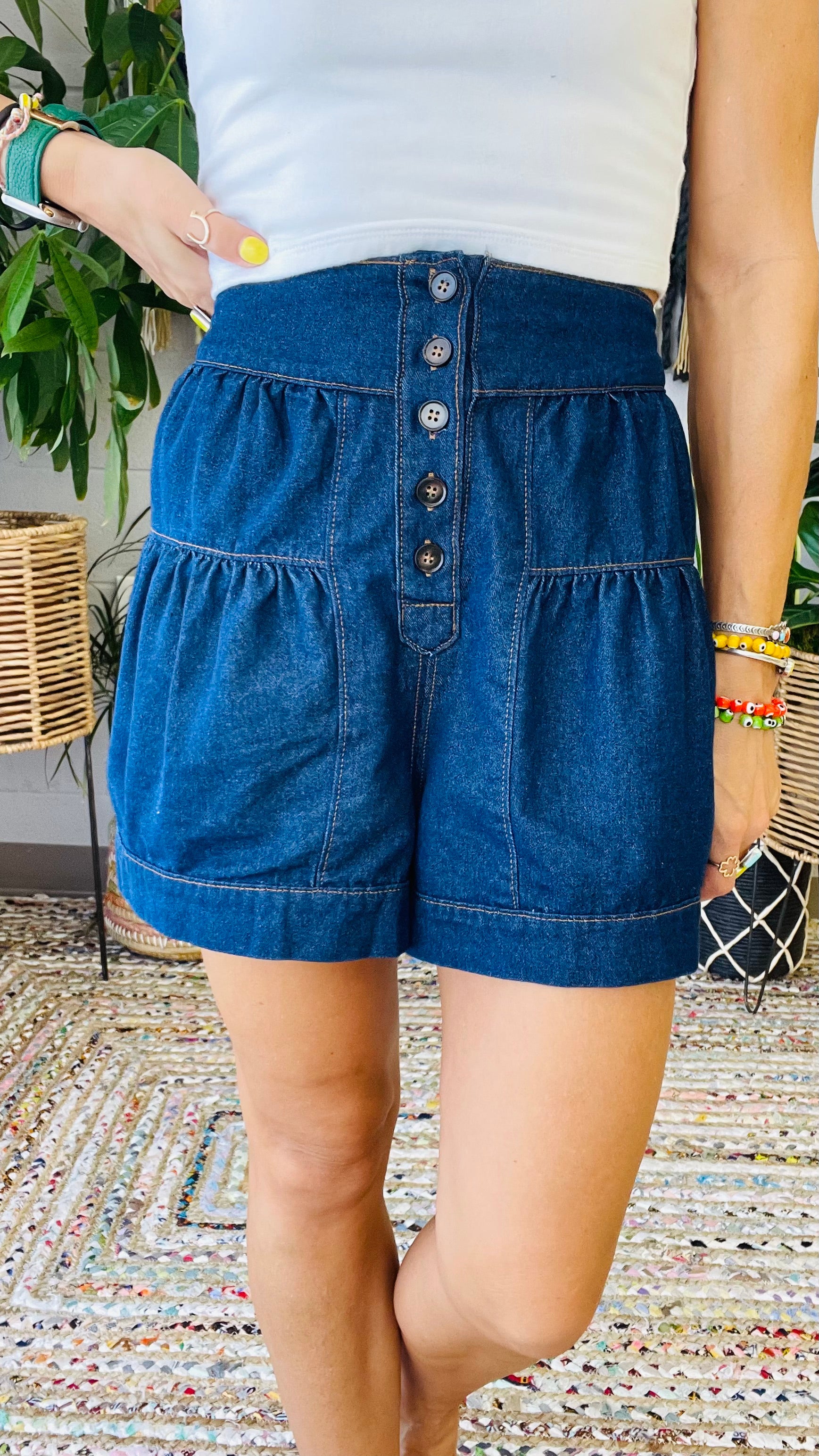 Rowan Flared High Waisted Denim Shorts- Dark Wash