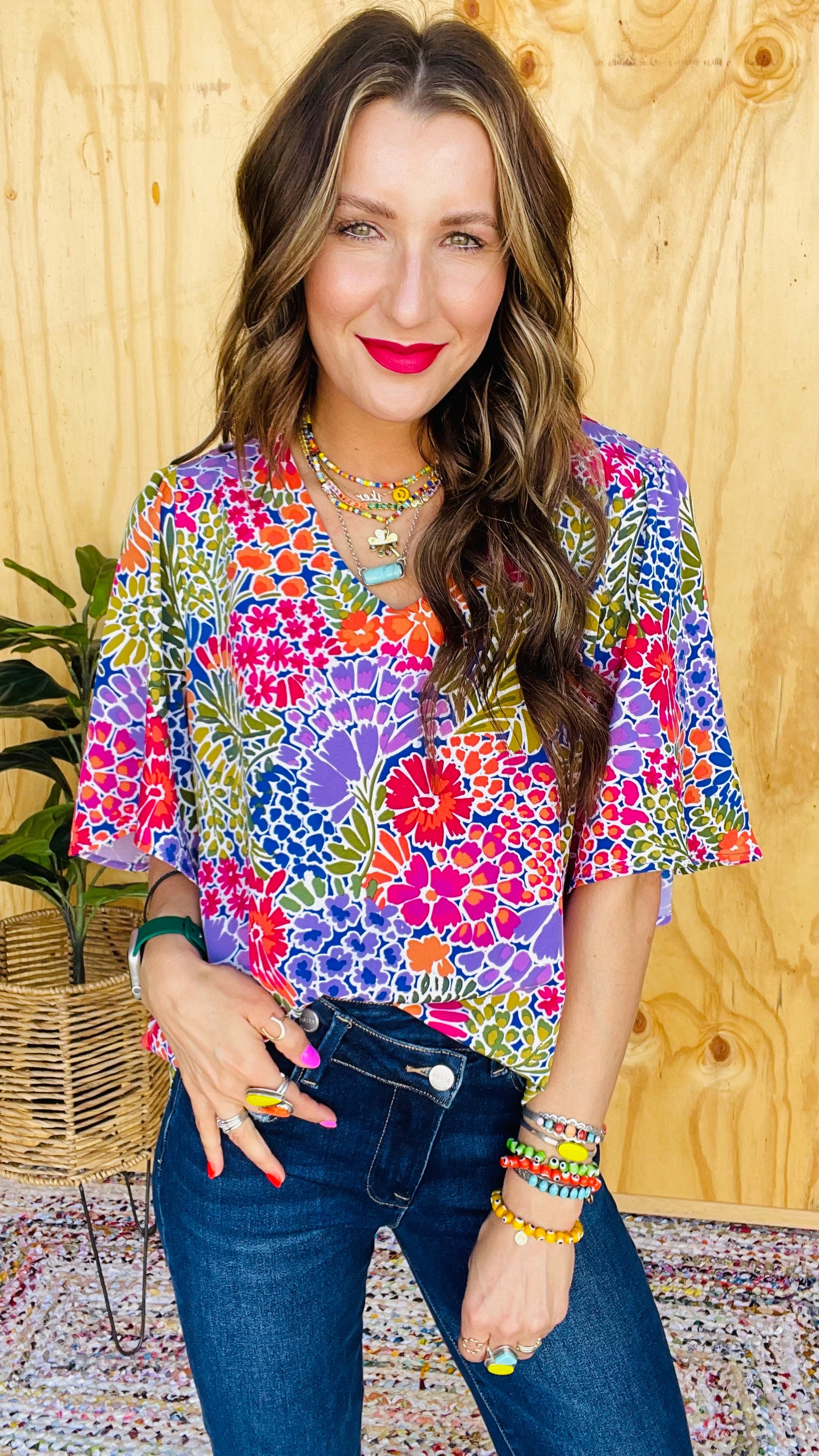 Miami Vice Multi Floral Print Flared Sleeve Top