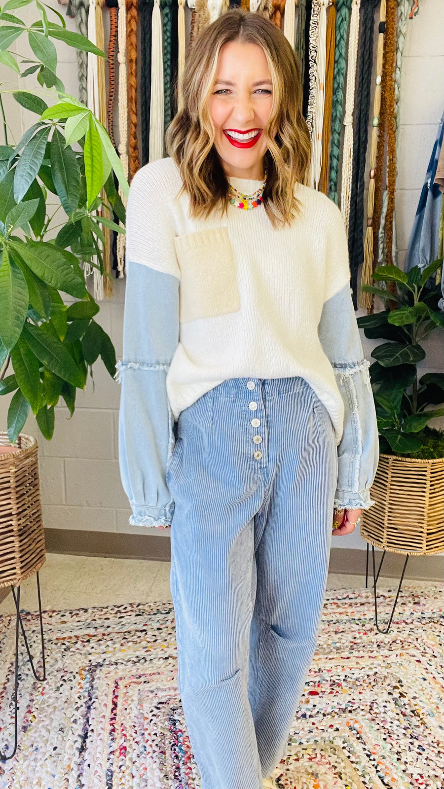 All Things Denim & Knit Mixed Material Sweater