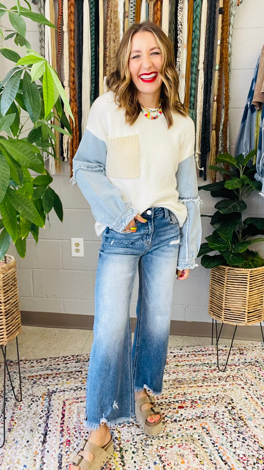 All Things Denim & Knit Mixed Material Sweater