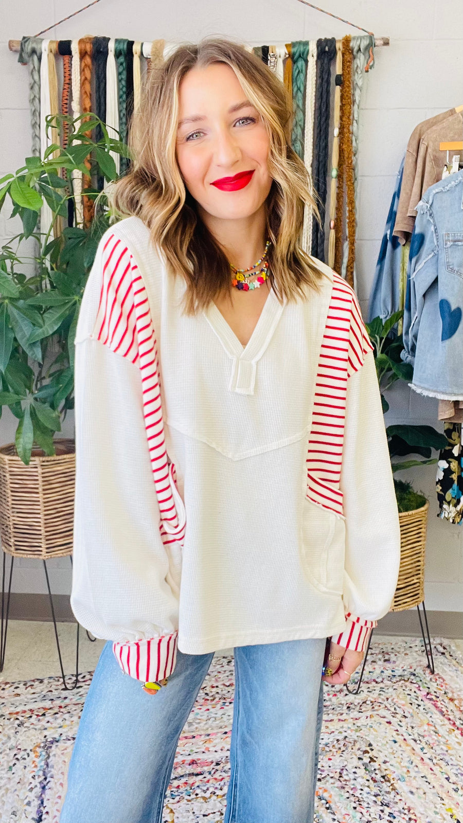 Frankie Pattern Block Oversized Pullover- Ivory & Red