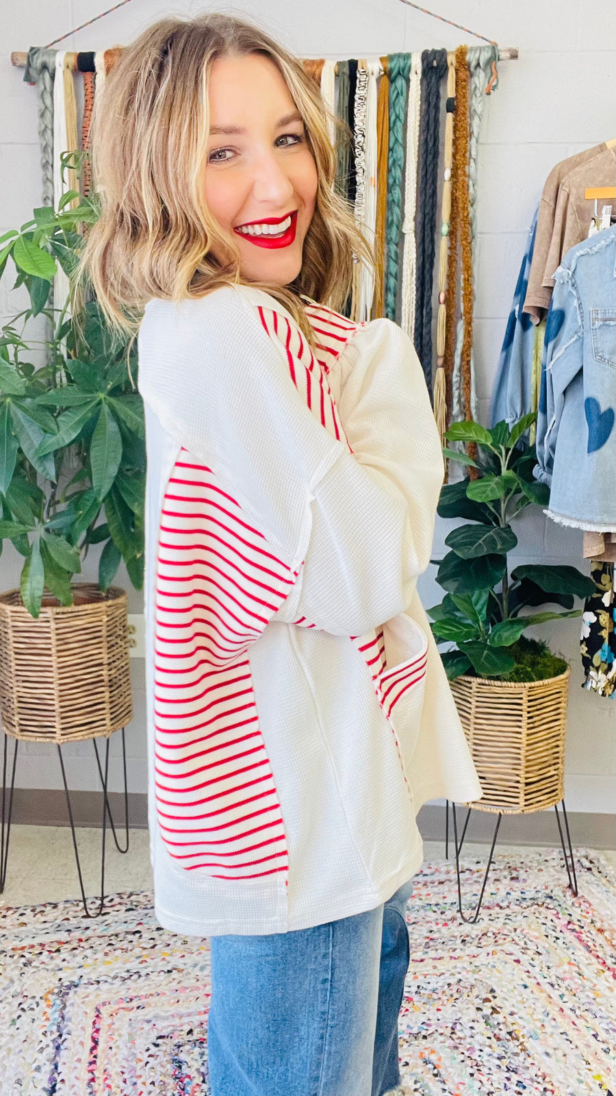 Frankie Pattern Block Oversized Pullover- Ivory & Red