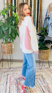 Frankie Pattern Block Oversized Pullover- Ivory & Red