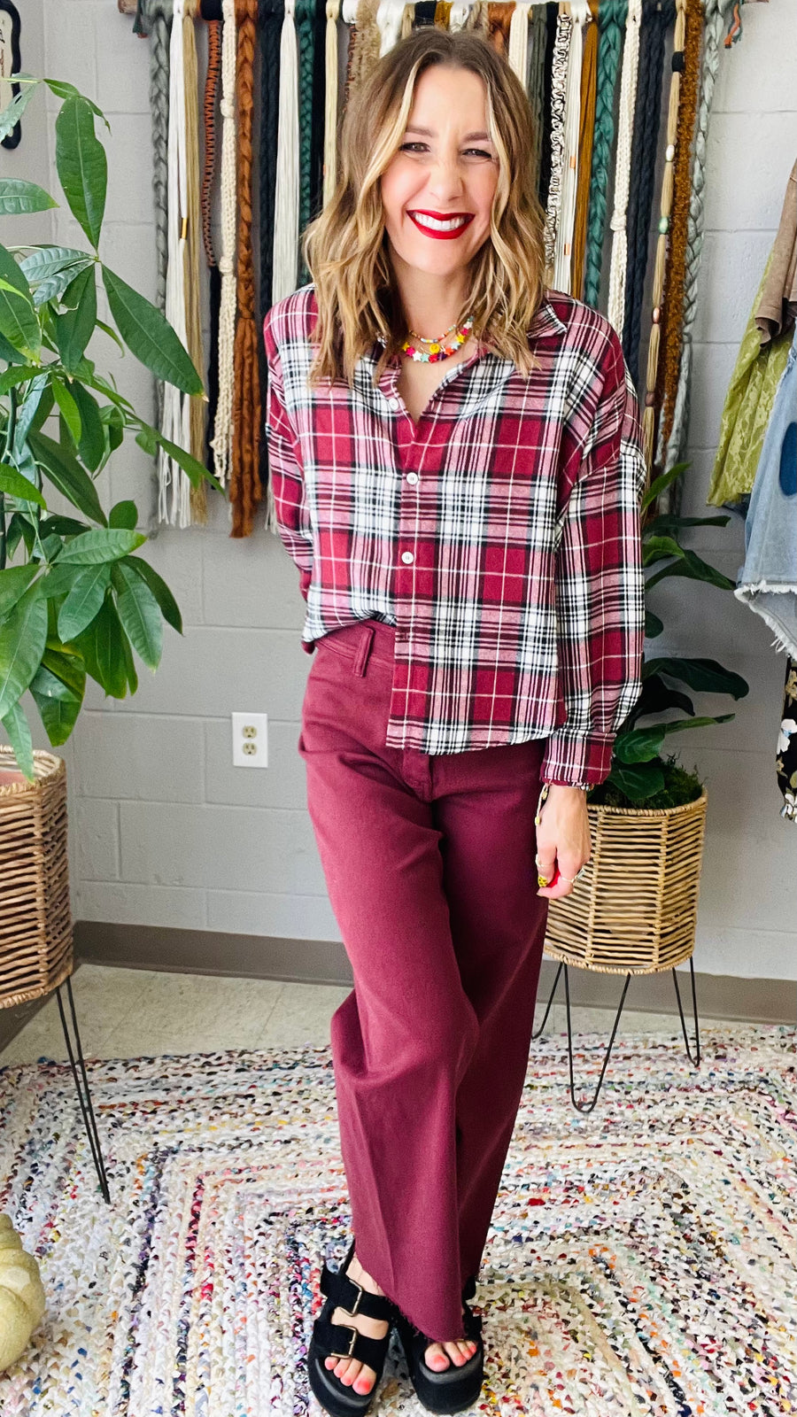 Macy Maroon Wide Leg Jeans