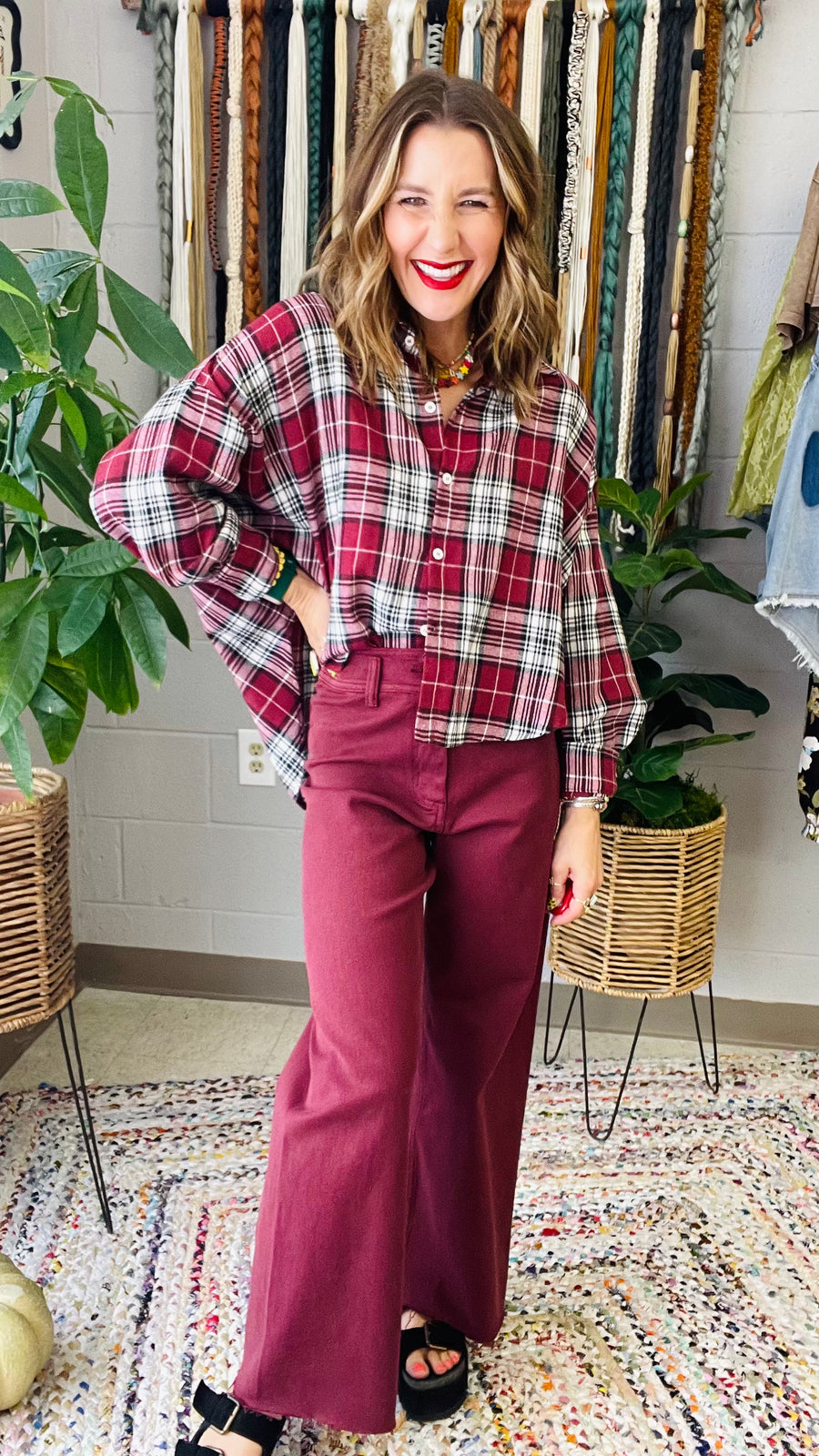 Macy Maroon Wide Leg Jeans