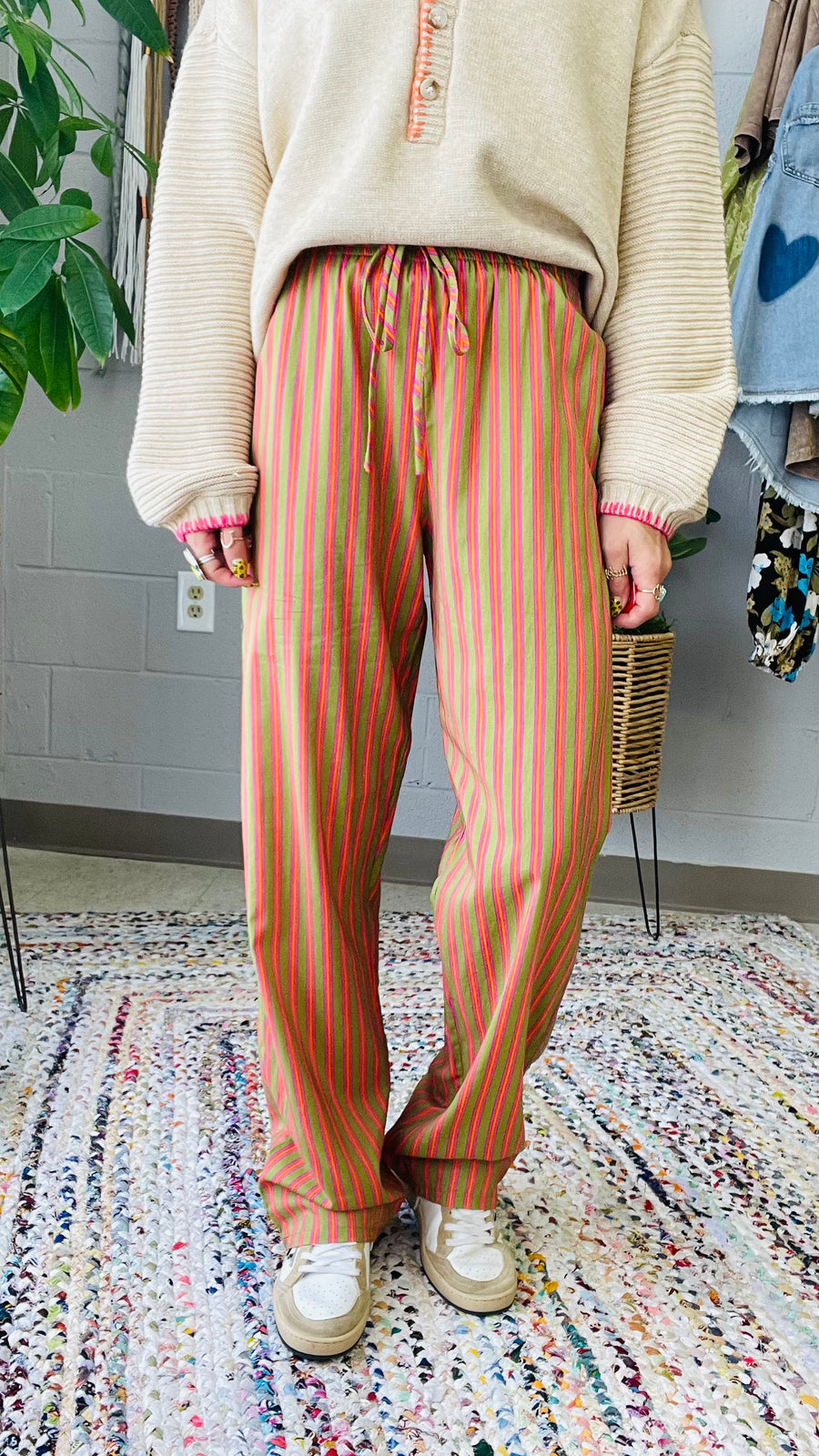 Elanor Striped Relaxed Fit Pants- Fuchsia Mix