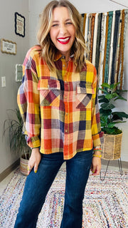 Flannel Fever Multicolor Plaid Top- Pumpkin & Navy Mix