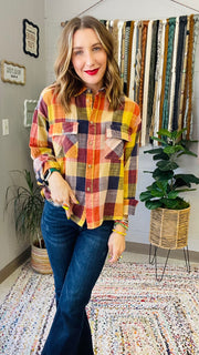 Flannel Fever Multicolor Plaid Top- Pumpkin & Navy Mix