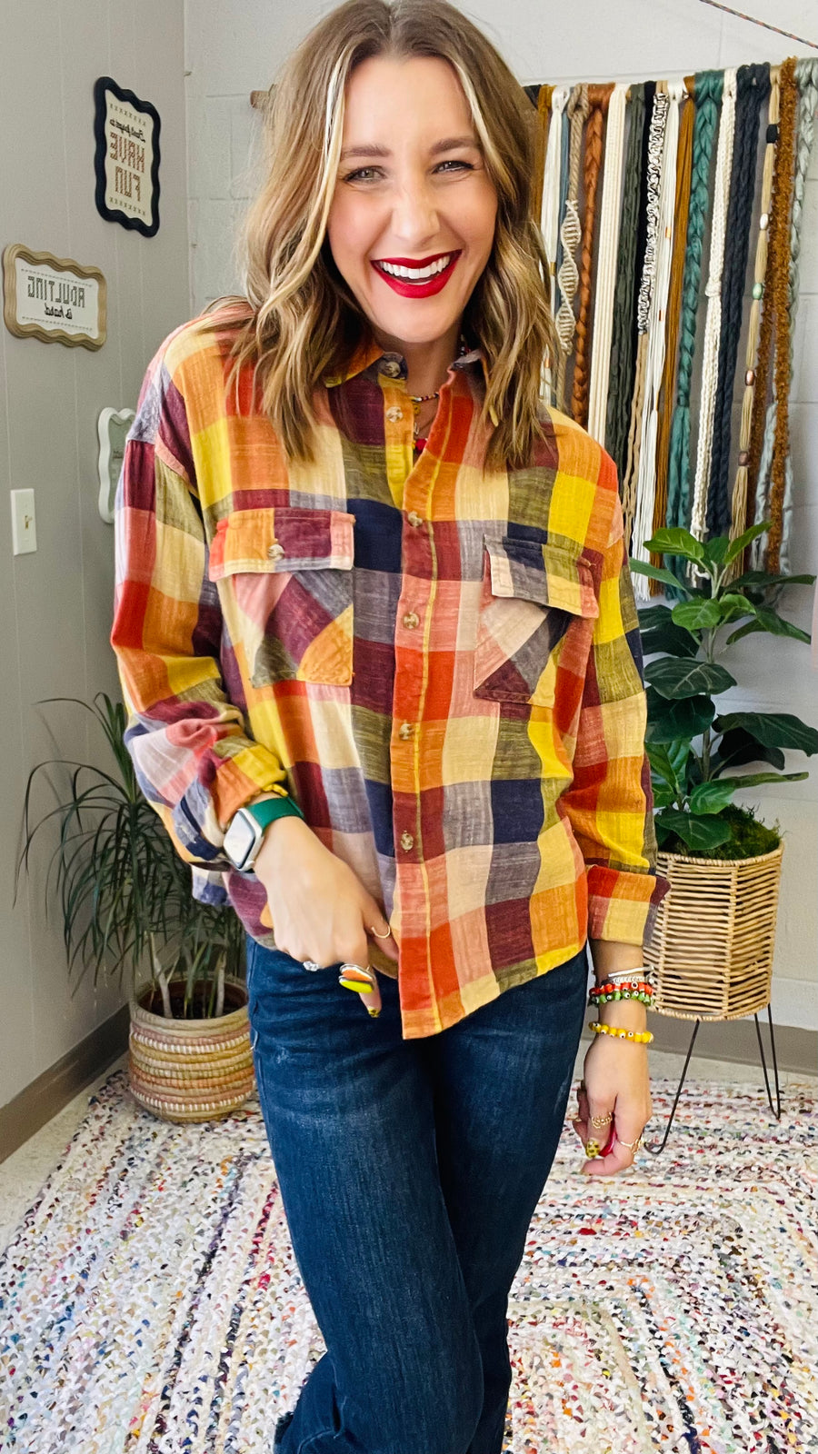 Flannel Fever Multicolor Plaid Top- Pumpkin & Navy Mix