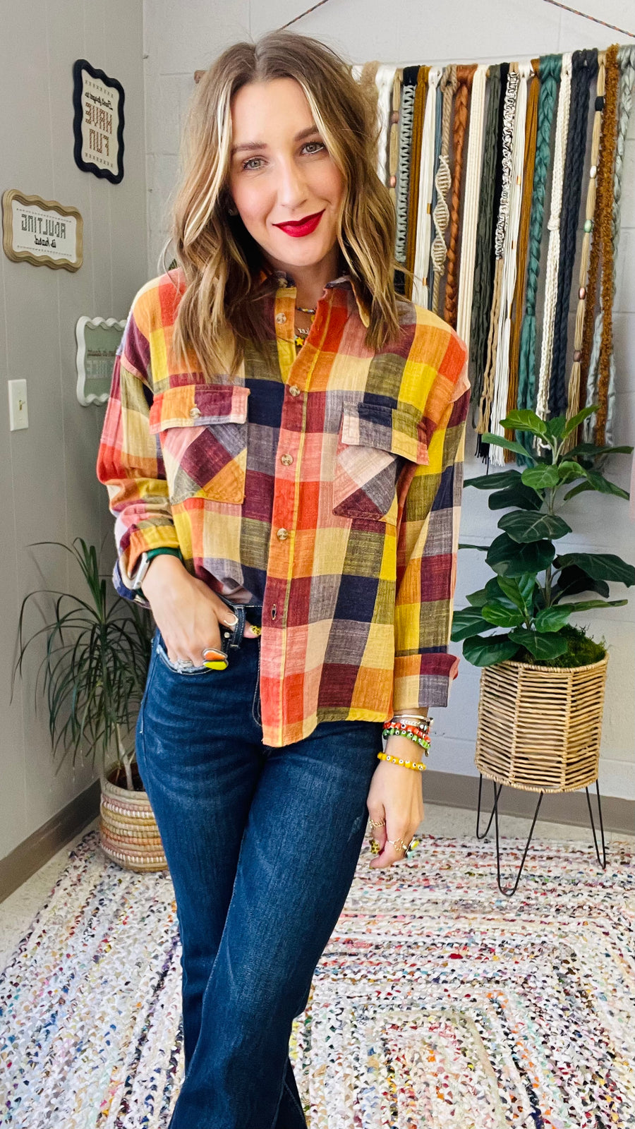 Flannel Fever Multicolor Plaid Top- Pumpkin & Navy Mix