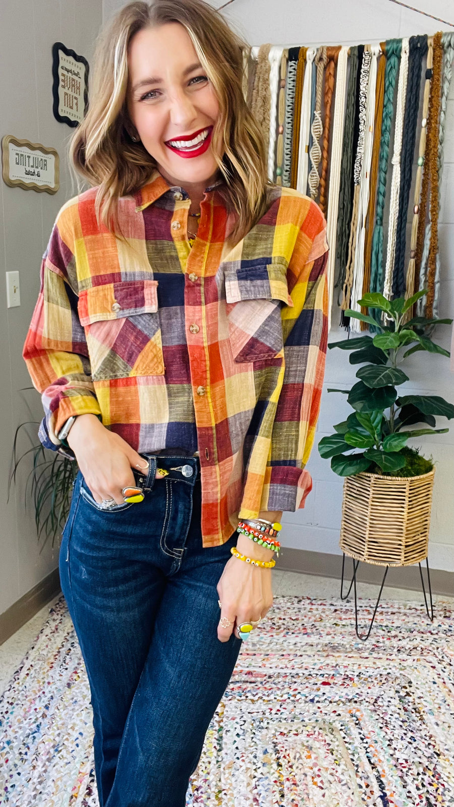 Flannel Fever Multicolor Plaid Top- Pumpkin & Navy Mix