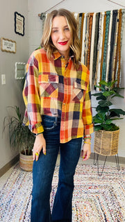 Flannel Fever Multicolor Plaid Top- Pumpkin & Navy Mix