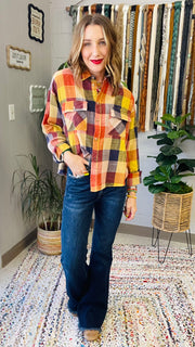 Flannel Fever Multicolor Plaid Top- Pumpkin & Navy Mix