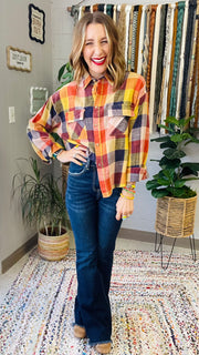 Flannel Fever Multicolor Plaid Top- Pumpkin & Navy Mix