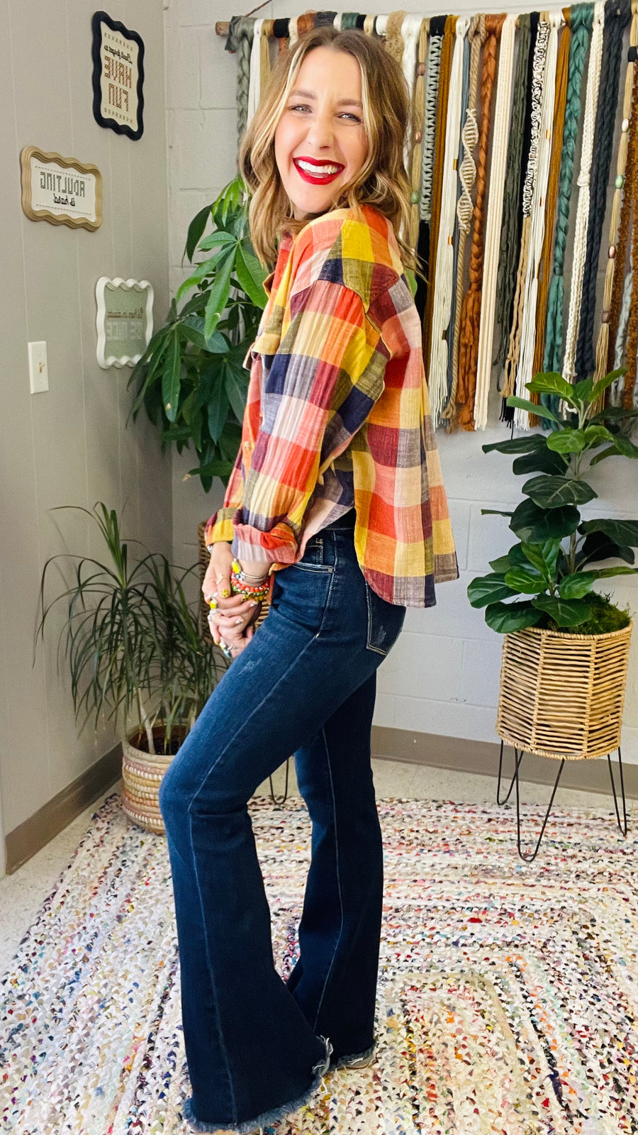 Flannel Fever Multicolor Plaid Top- Pumpkin & Navy Mix