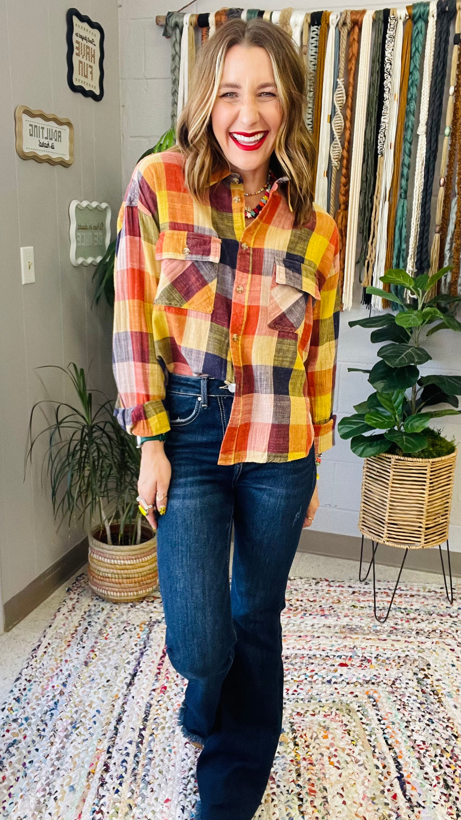 Flannel Fever Multicolor Plaid Top- Pumpkin & Navy Mix