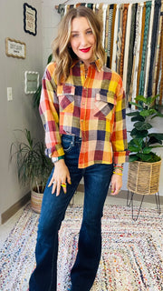 Flannel Fever Multicolor Plaid Top- Pumpkin & Navy Mix