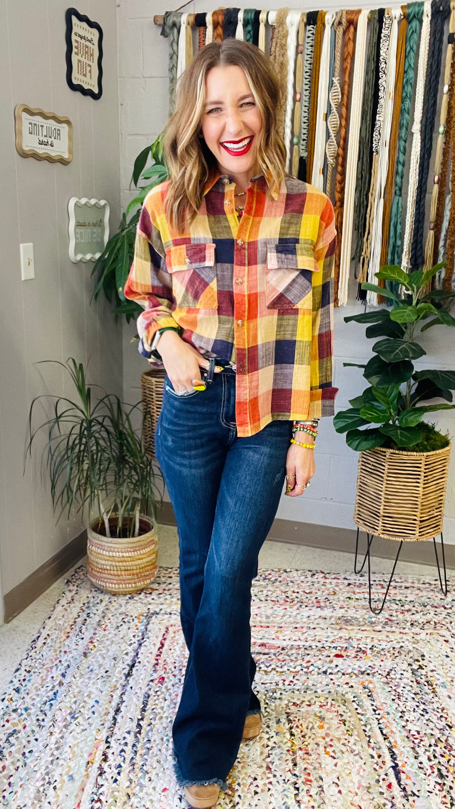 Flannel Fever Multicolor Plaid Top- Pumpkin & Navy Mix