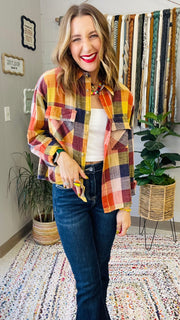 Flannel Fever Multicolor Plaid Top- Pumpkin & Navy Mix