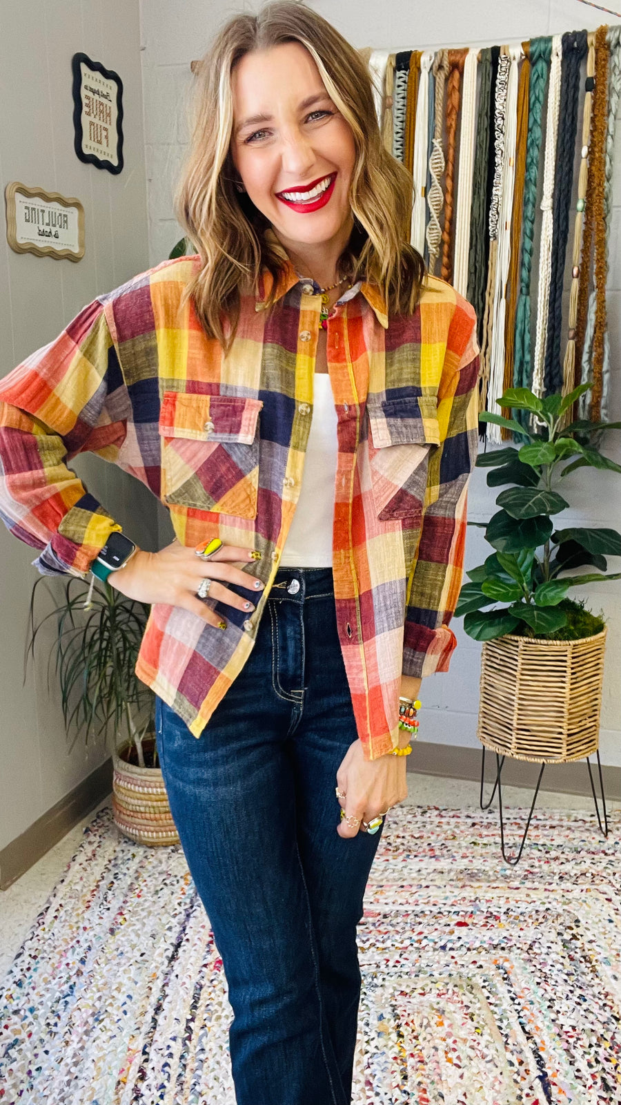 Flannel Fever Multicolor Plaid Top- Pumpkin & Navy Mix