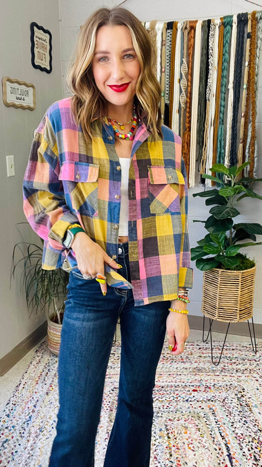 Flannel Fever Multicolor Plaid Top- Pink & Blue Mix