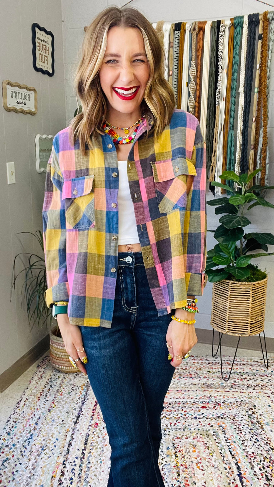 Flannel Fever Multicolor Plaid Top- Pink & Blue Mix