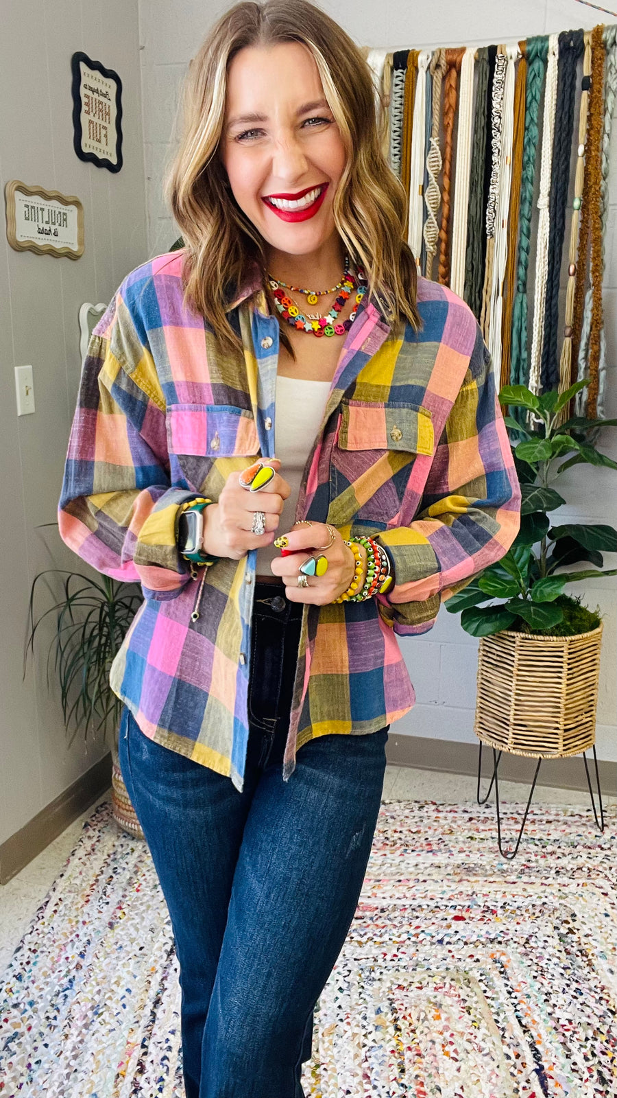 Flannel Fever Multicolor Plaid Top- Pink & Blue Mix