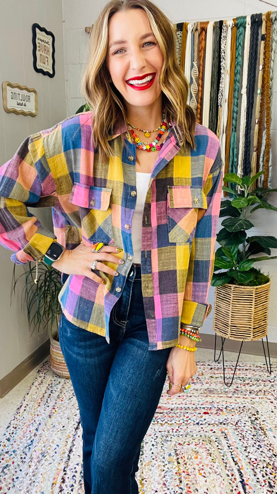 Flannel Fever Multicolor Plaid Top- Pink & Blue Mix