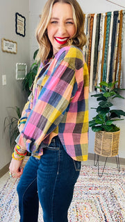 Flannel Fever Multicolor Plaid Top- Pink & Blue Mix