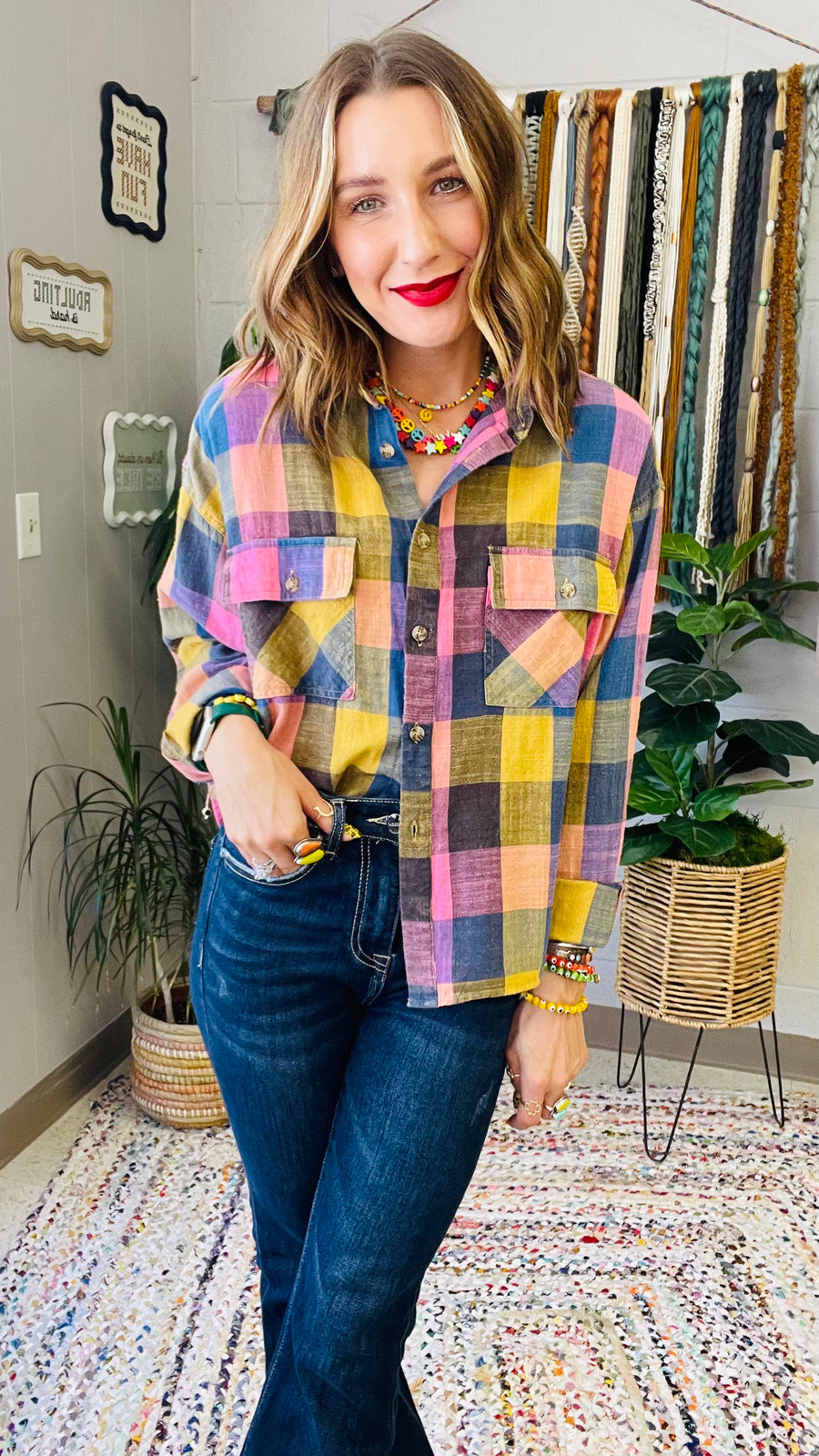 Flannel Fever Multicolor Plaid Top- Pink & Blue Mix