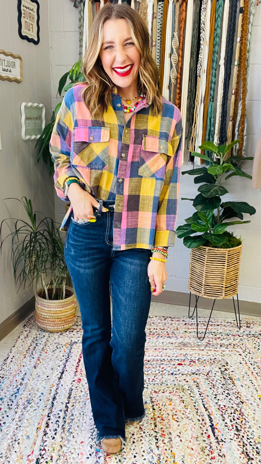 Flannel Fever Multicolor Plaid Top- Pink & Blue Mix