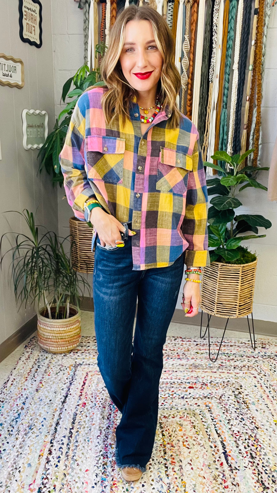 Flannel Fever Multicolor Plaid Top- Pink & Blue Mix