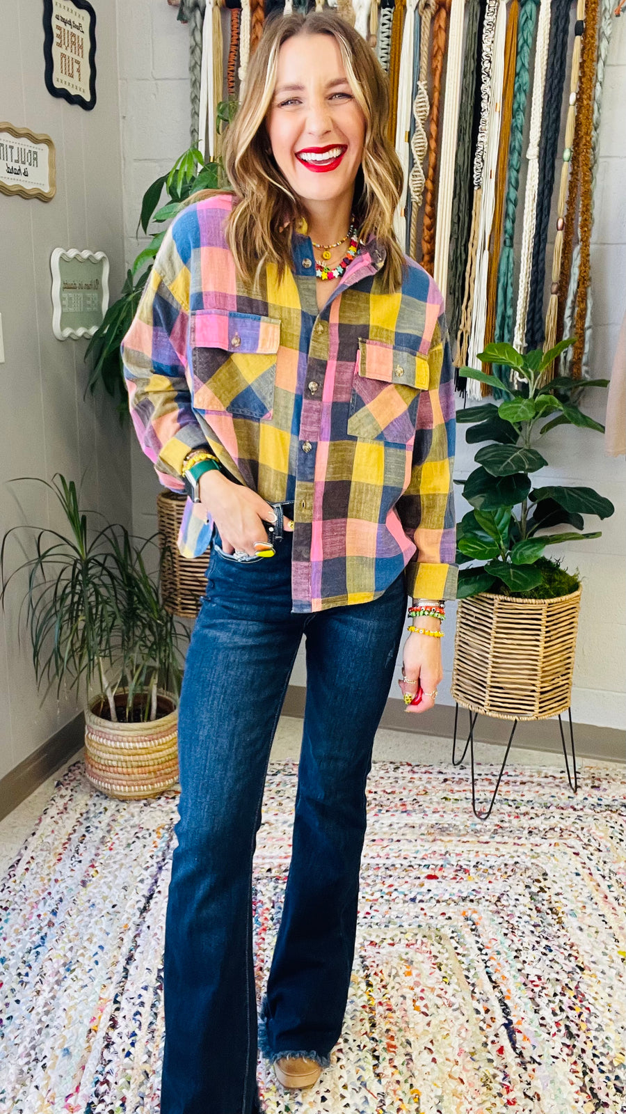 Flannel Fever Multicolor Plaid Top- Pink & Blue Mix