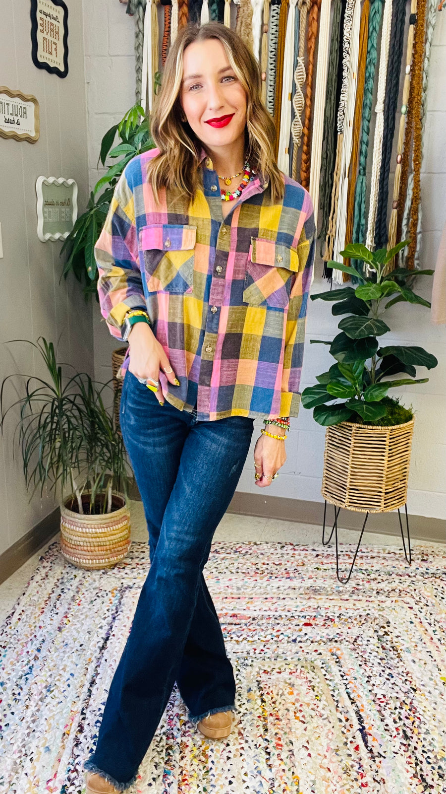 Flannel Fever Multicolor Plaid Top- Pink & Blue Mix