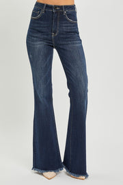 High Rise Vintage Frayed Hem Flare Jeans- Dark Wash