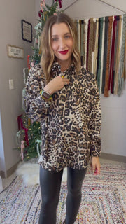 Satin Leopard Print Button-Down Blouse