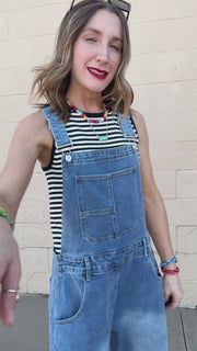 Molly Wide Barrel Leg Denim Overalls- Medium Wash