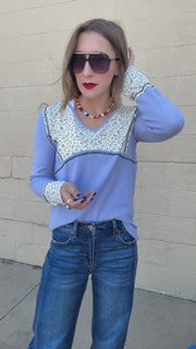 Janey Waffle Knit Floral Detail Top- Evening Blue