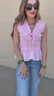 Zoie Smocked Bust Tie Neck Blouse- Pink