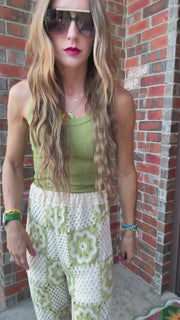 Retro Blossom Pants-Natural & Green