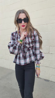 Lyla Plaid V-Neck Front Tie Top - Red & Black