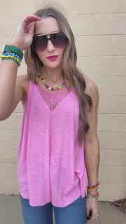 Lace Inset Dream Tank - Candy Pink