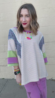 Floral & Stripe Color-Block 3/4 Sleeve Top