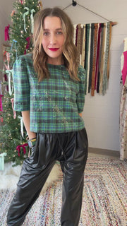 Jingle Bell Rock Sequins Plaid Top- Hunter Green Mix