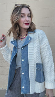 Cozy Contrast Knit Denim Accent Jacket- Cream